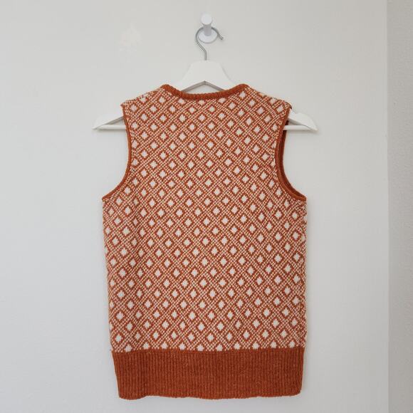 Vintage 70s Knit Sweater Vest Sears Orange Diamond Pattern Wool Blend Preppy S - Picture 5 of 8